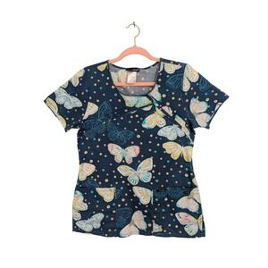Cherokee Butterfly Polka Dot Scrub Top Womens Small Blue Cotton 3823 BONF